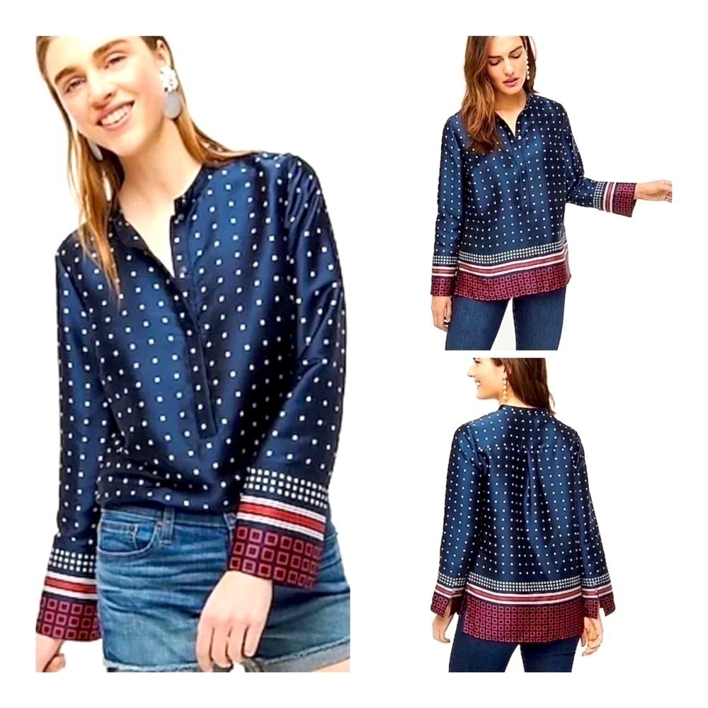 J Crew Drapey In Ratti Blue Red Geometric Print Long Sleeve High Low Tunic